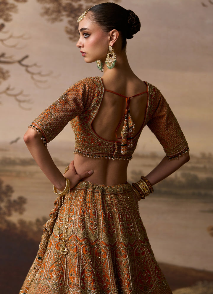 Rust Orange Raw Silk Double Dupatta Bridal Lehenga