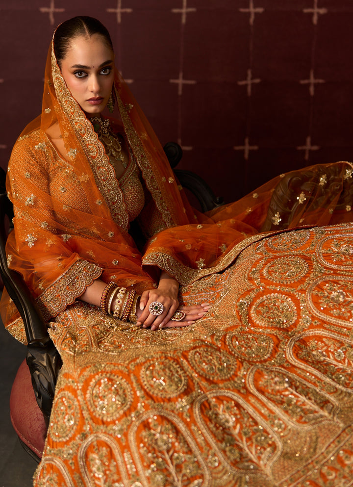 Rust Orange Raw Silk Double Dupatta Bridal Lehenga