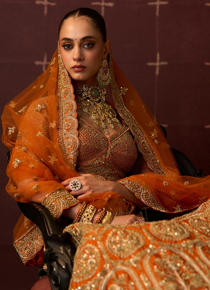 Rust Orange Raw Silk Double Dupatta Bridal Lehenga