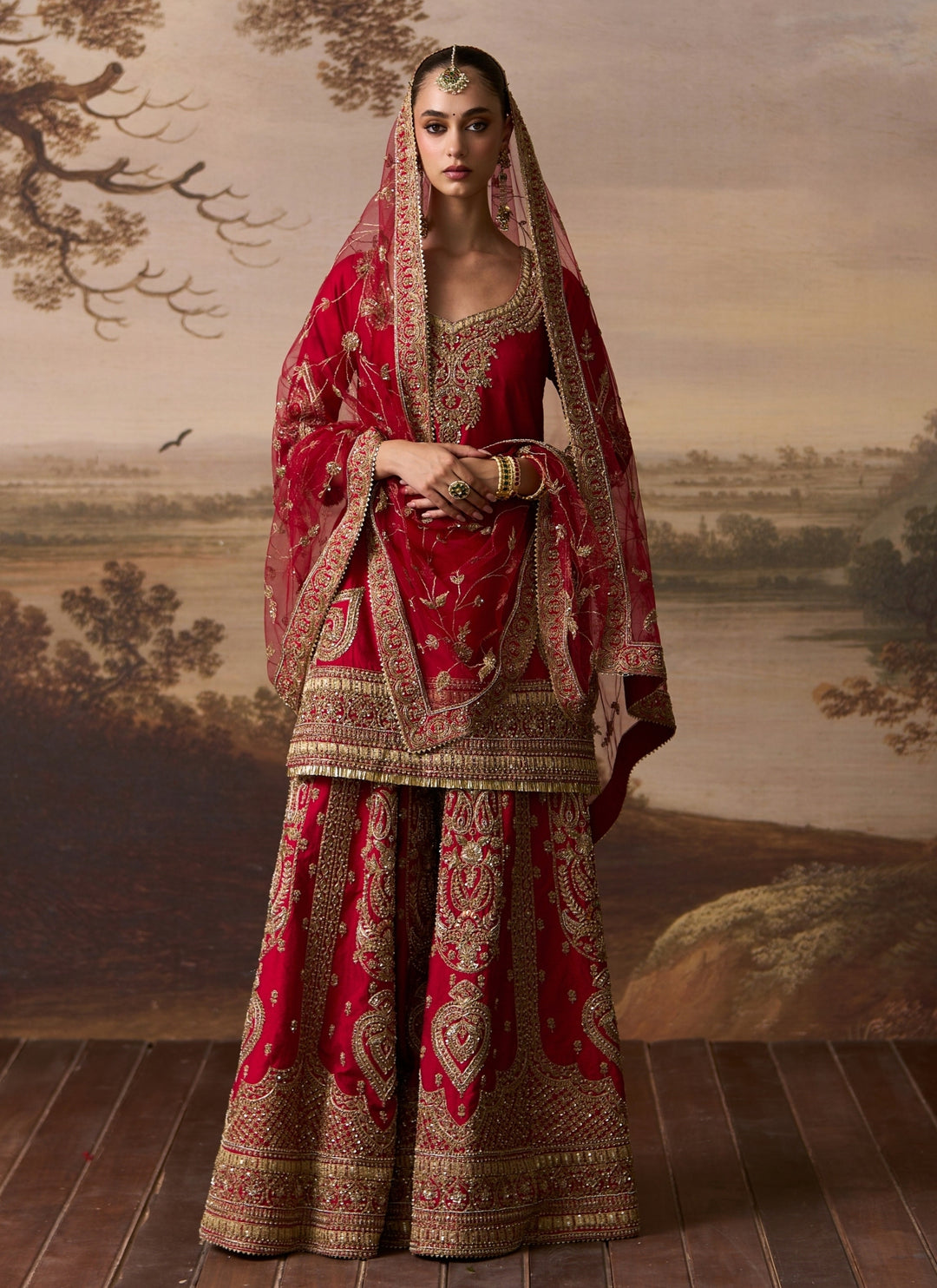 Red Raw Silk Kurta Sharara Set