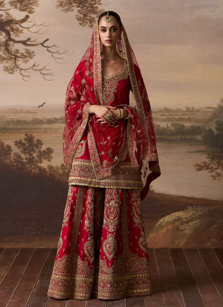 Red Raw Silk Kurta Sharara Set