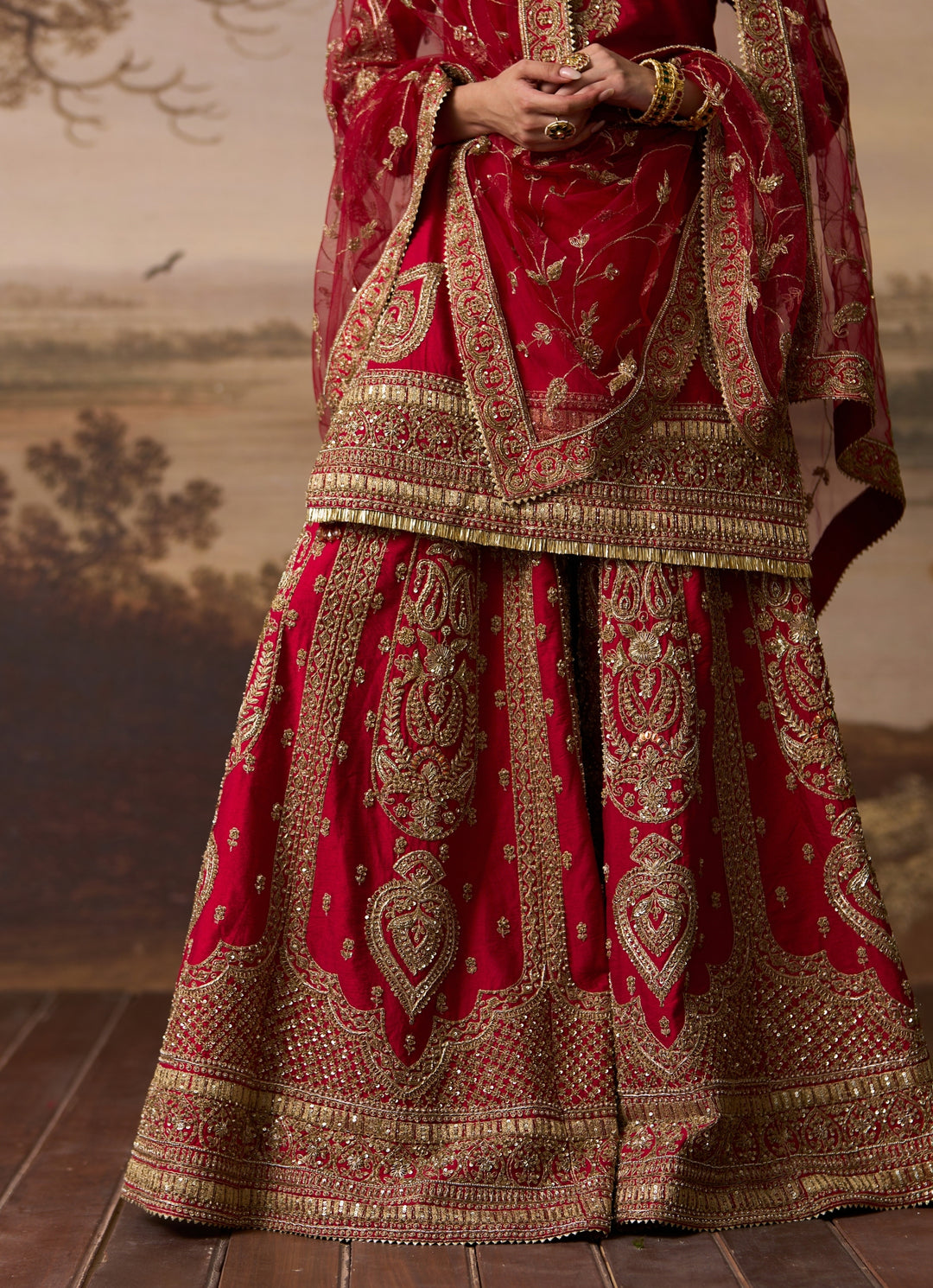 Red Raw Silk Kurta Sharara Set