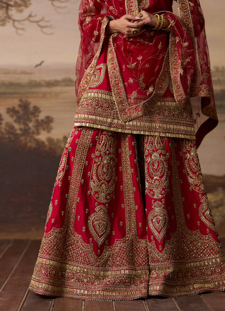 Red Raw Silk Kurta Sharara Set