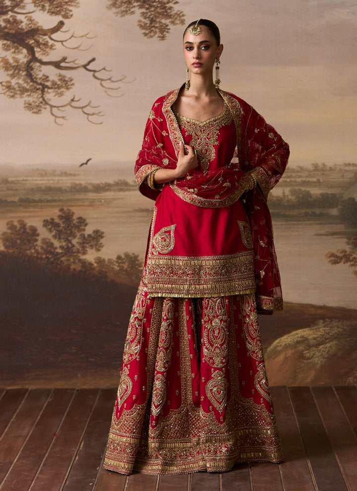 Red Raw Silk Kurta Sharara Set