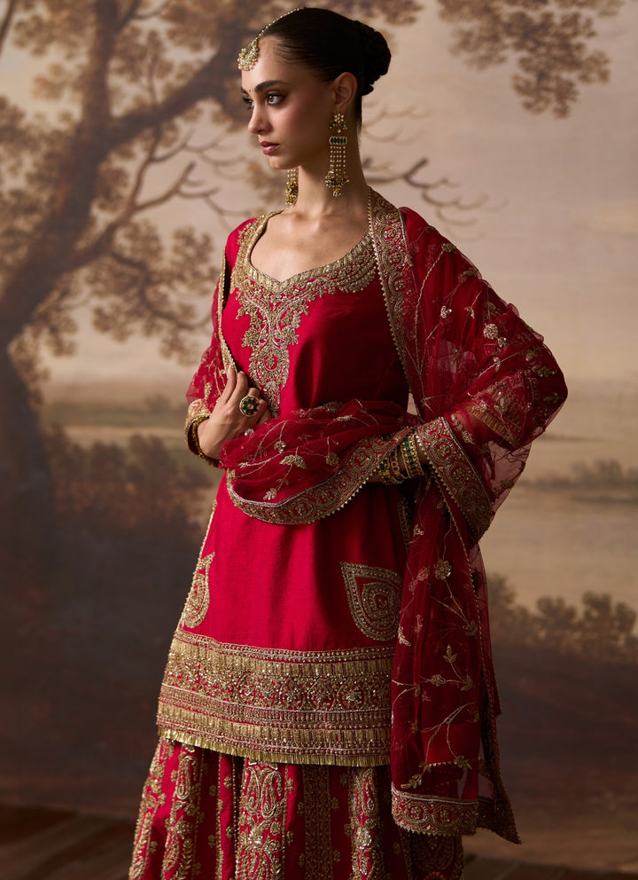 Red Raw Silk Kurta Sharara Set
