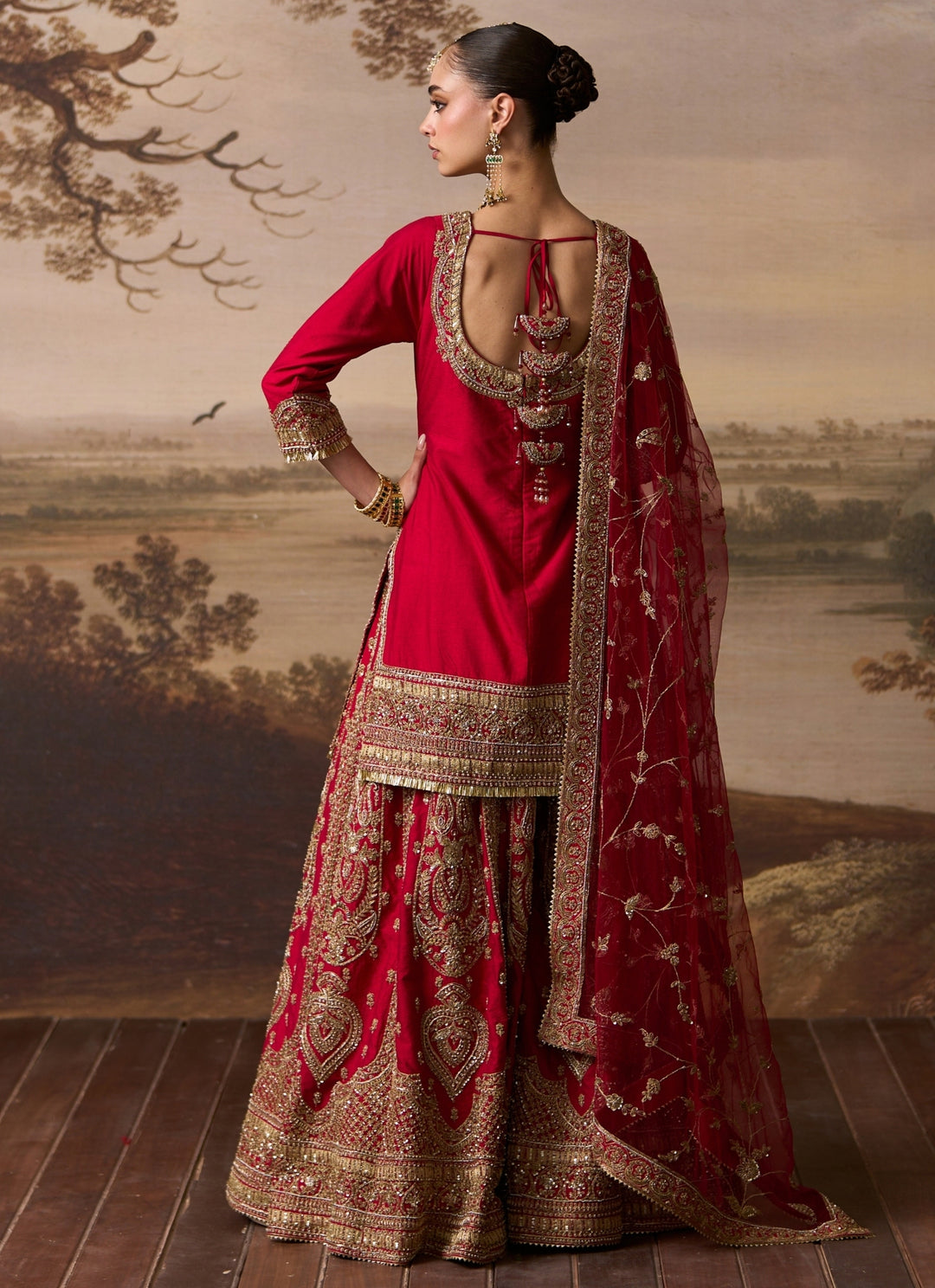 Red Raw Silk Kurta Sharara Set