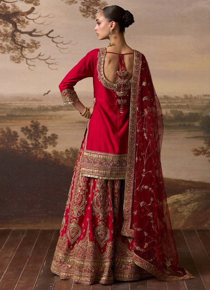 Red Raw Silk Kurta Sharara Set