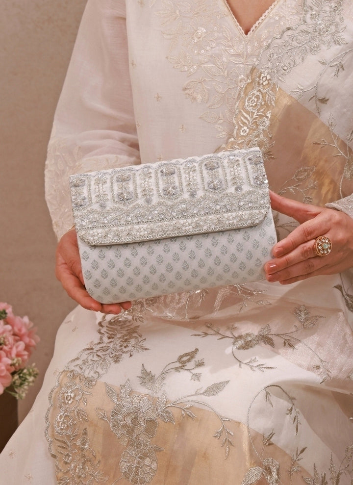 Silver Brocade Silk Flapover Bag