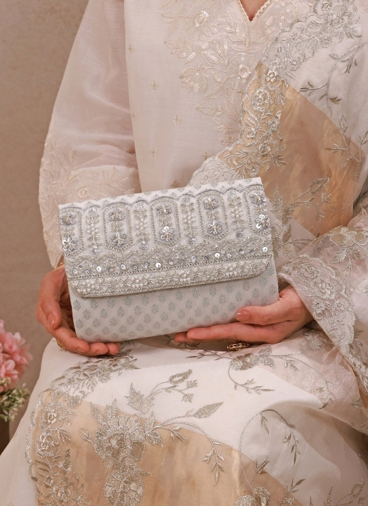 Silver Brocade Silk Flapover Bag
