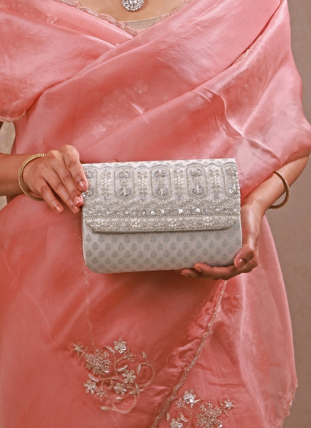 Silver Brocade Silk Flapover Bag