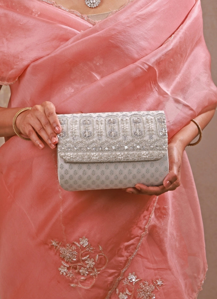 Silver Brocade Silk Flapover Bag