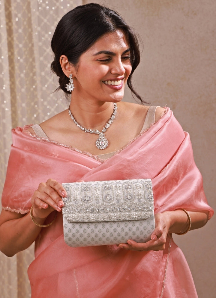 Silver Brocade Silk Flapover Bag
