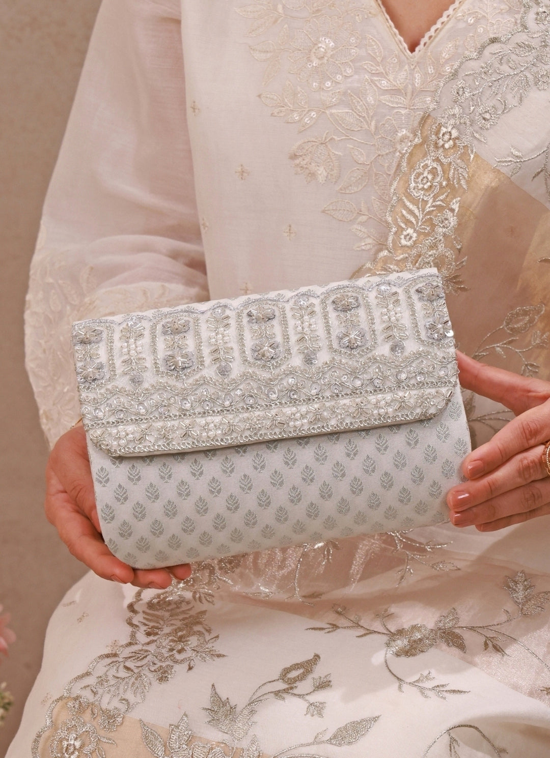 Silver Brocade Silk Flapover Bag