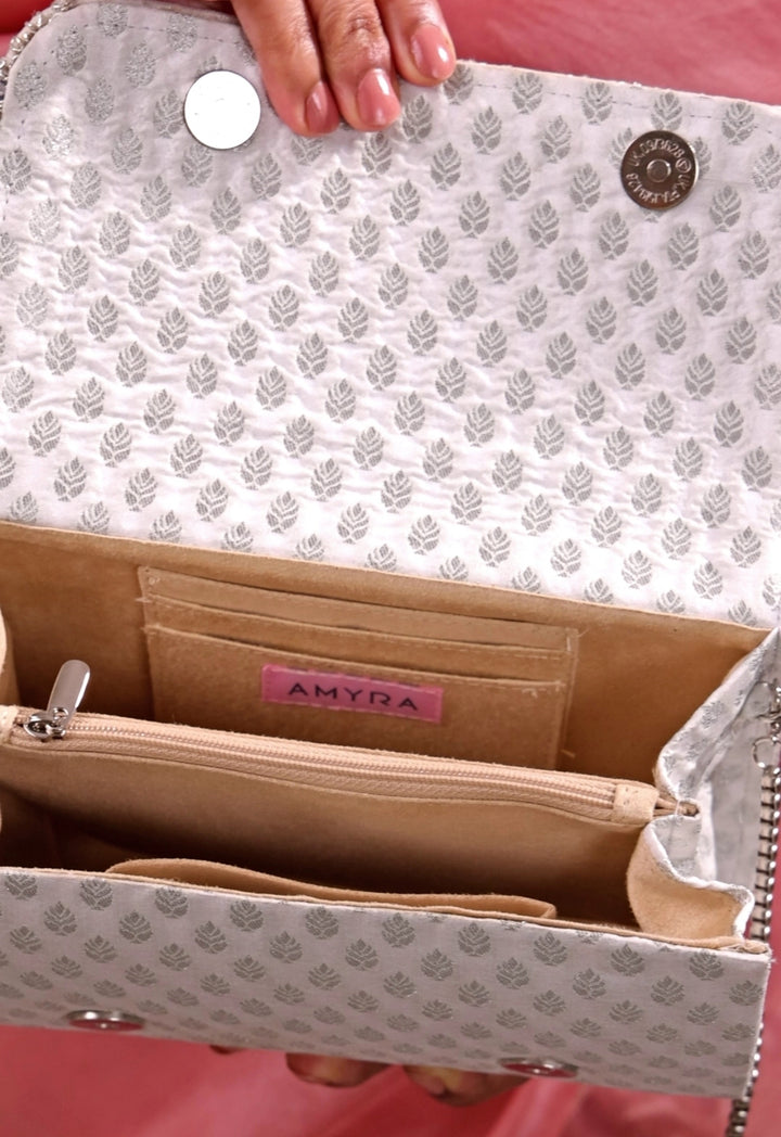 Silver Brocade Silk Flapover Bag