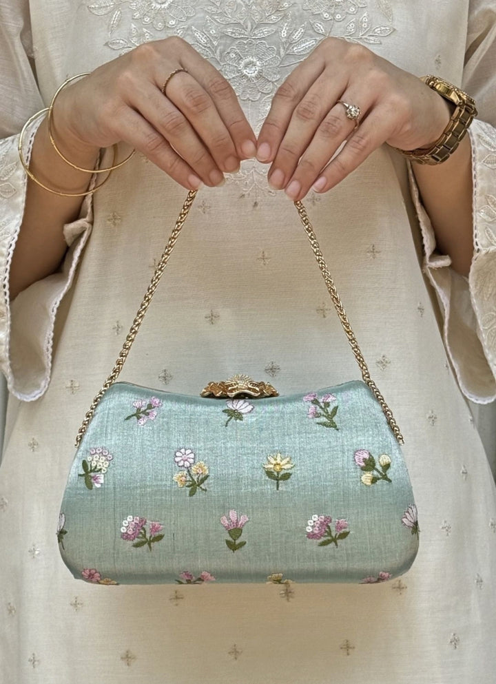 Sea Green Embroidered Tissue Clutch