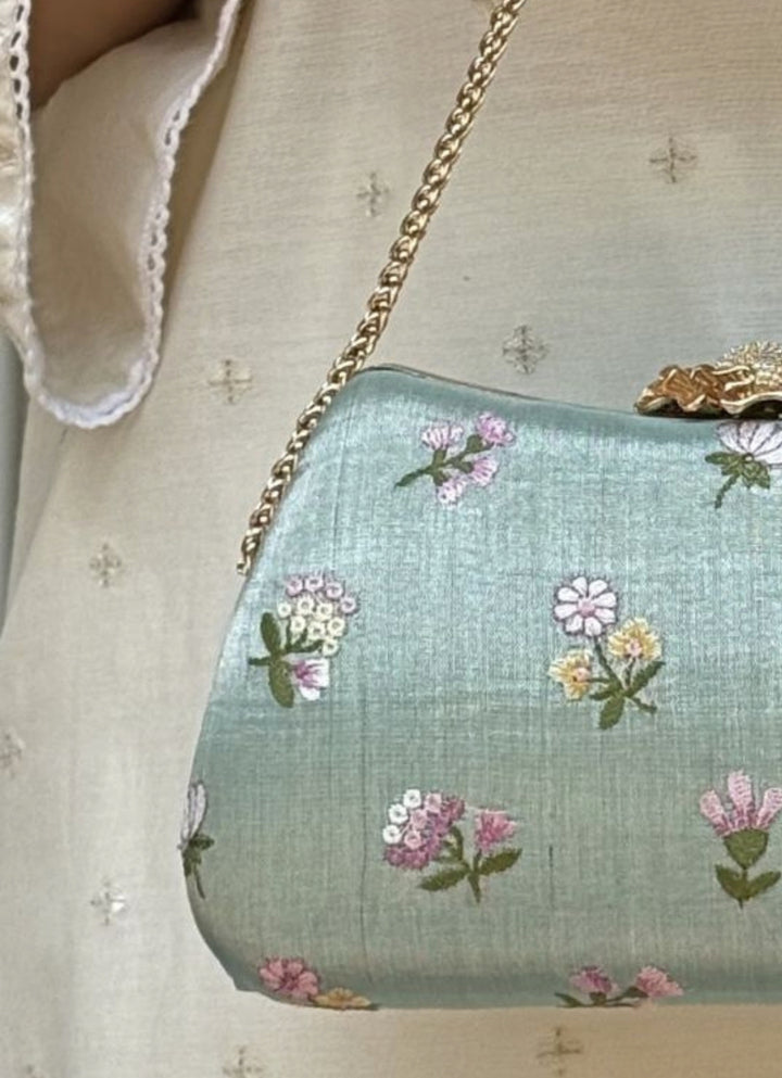 Sea Green Embroidered Tissue Clutch