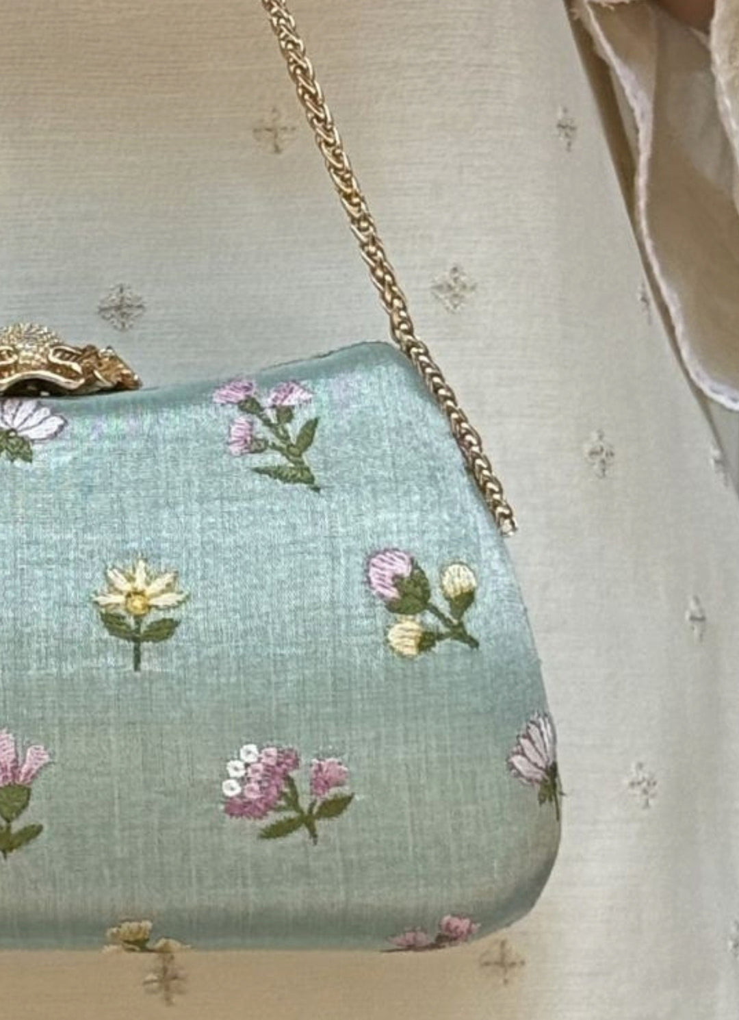 Sea Green Embroidered Tissue Clutch