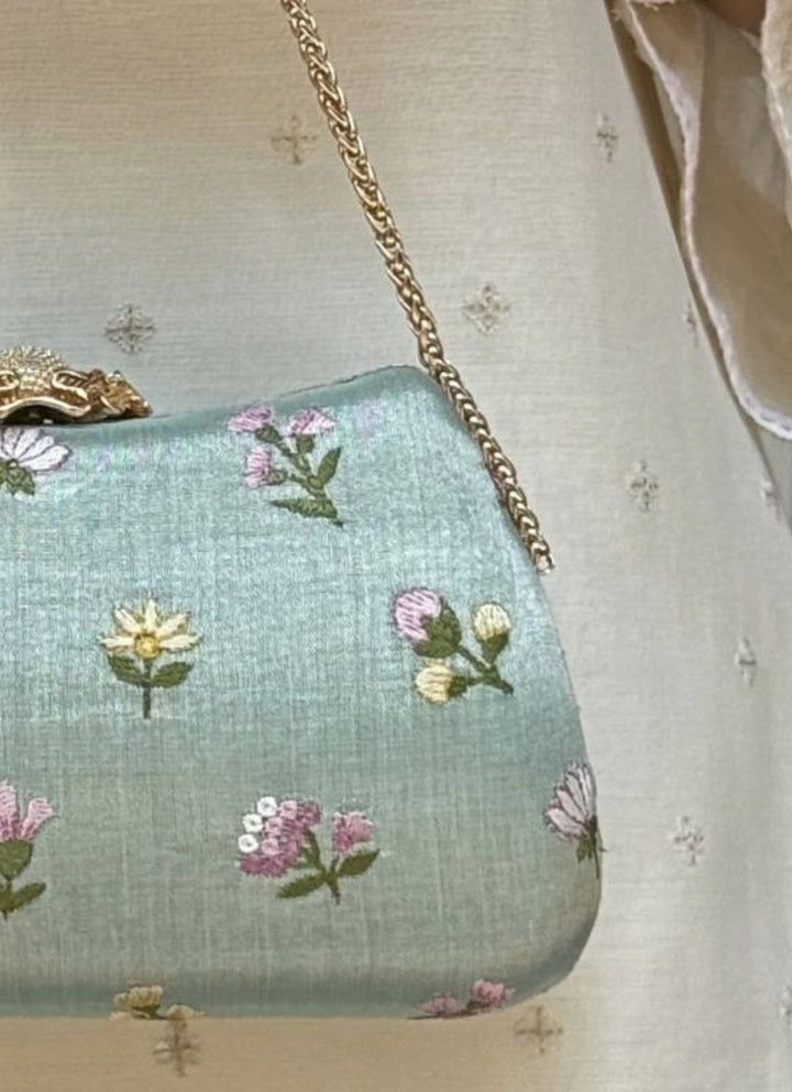 Sea Green Embroidered Tissue Clutch