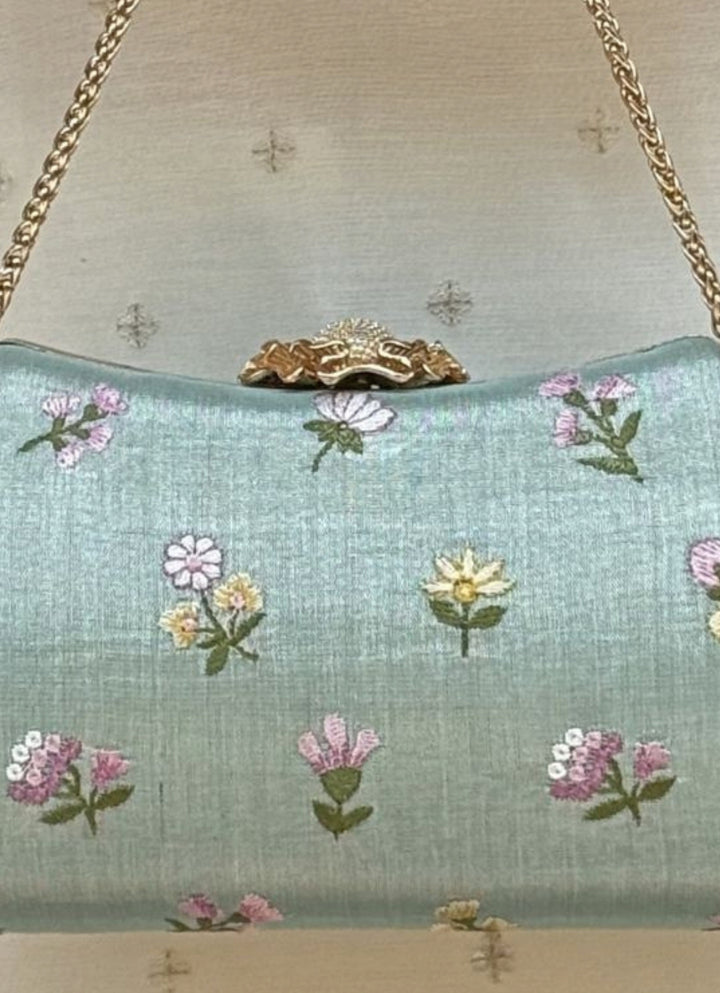 Sea Green Embroidered Tissue Clutch