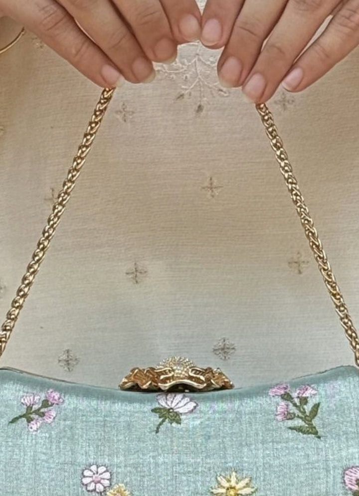 Sea Green Embroidered Tissue Clutch