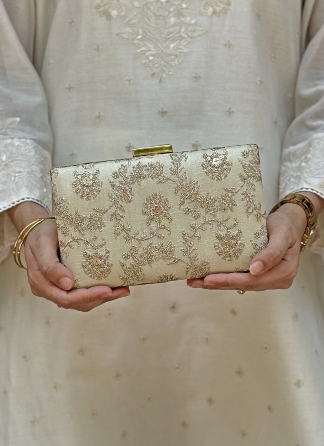 Beige Embroidered Silk Sleek Clutch