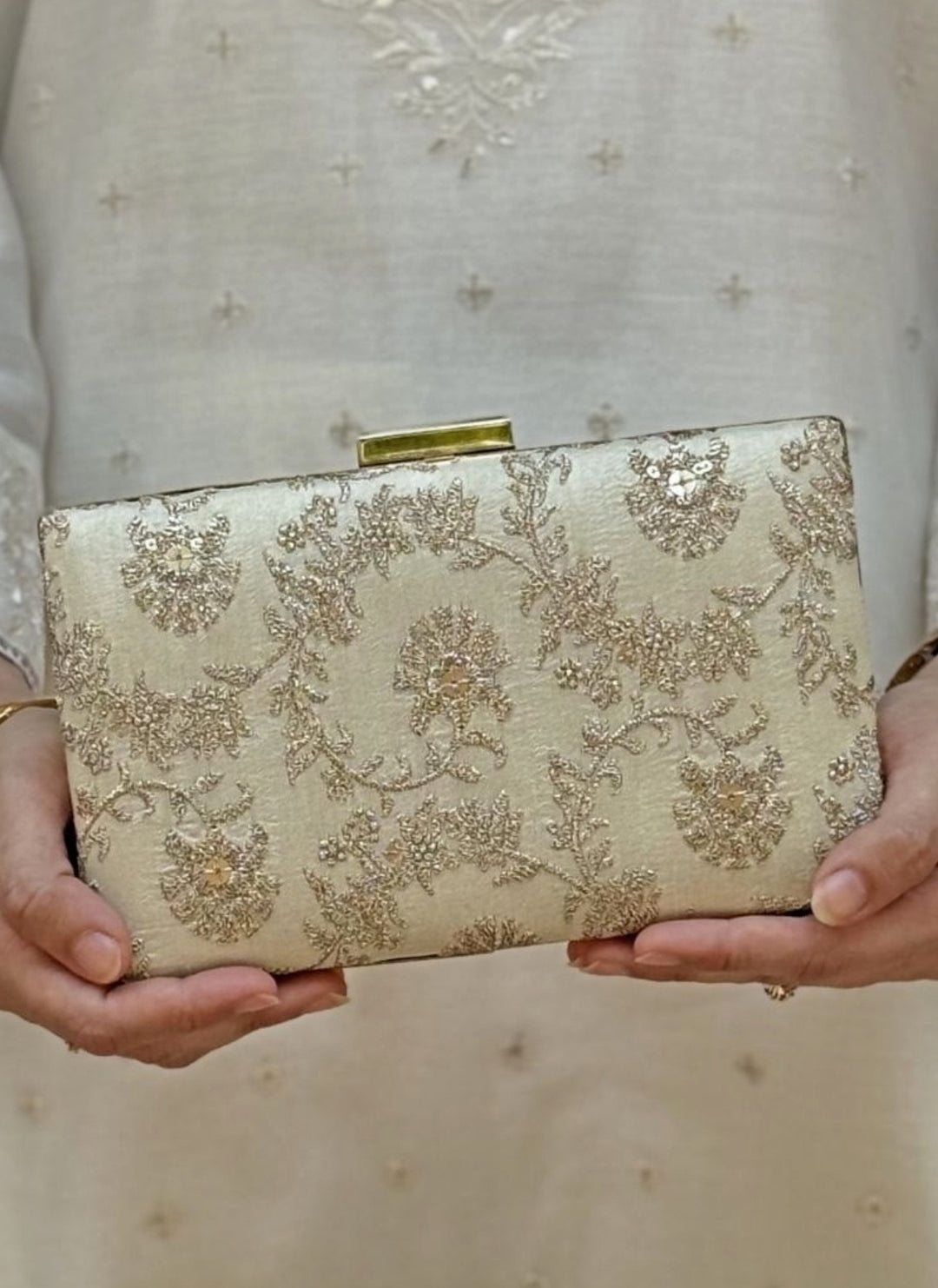 Beige Embroidered Silk Sleek Clutch