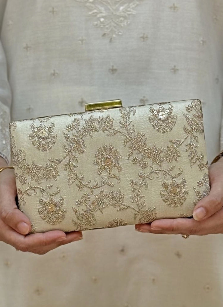 Beige Embroidered Silk Sleek Clutch