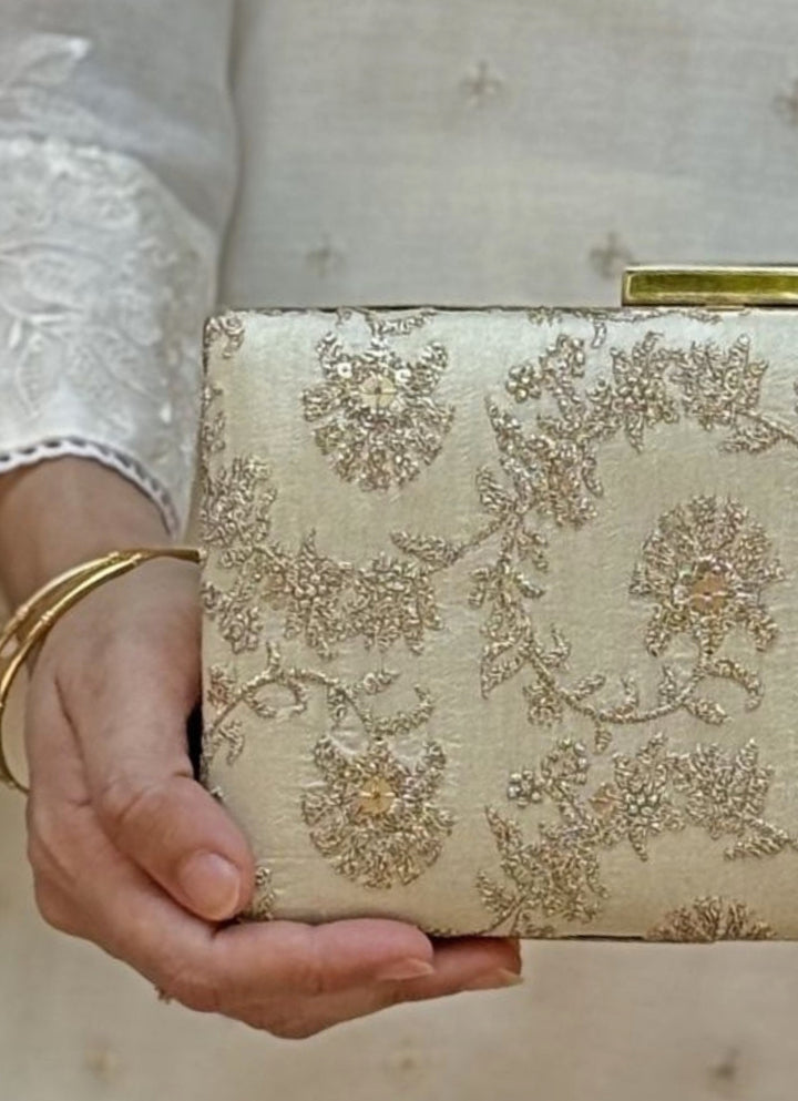 Beige Embroidered Silk Sleek Clutch