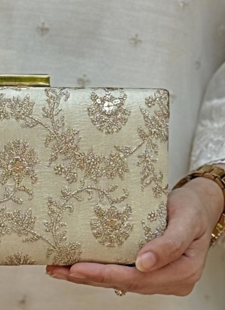 Beige Embroidered Silk Sleek Clutch