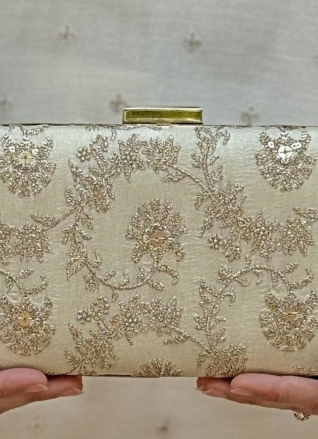 Beige Embroidered Silk Sleek Clutch