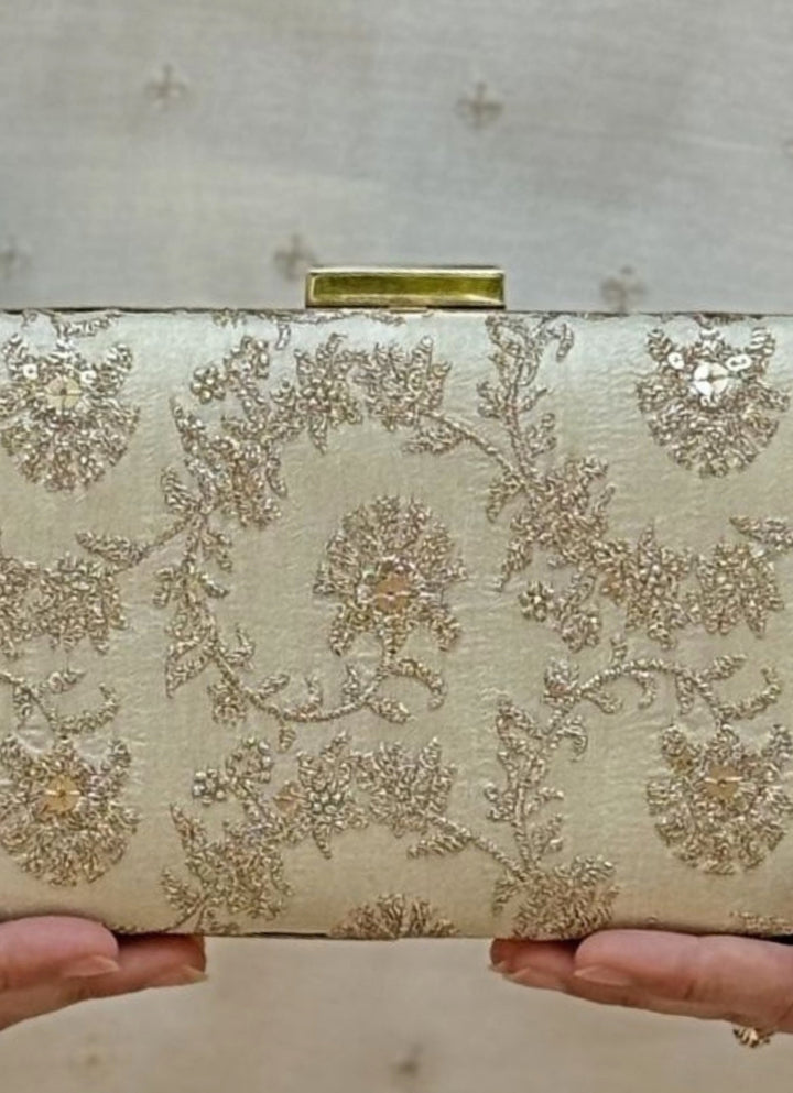 Beige Embroidered Silk Sleek Clutch