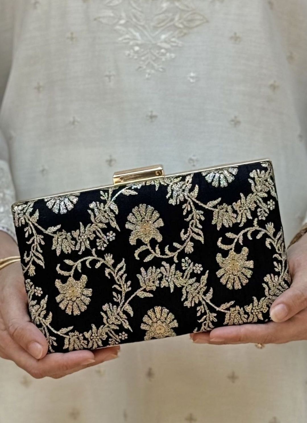 Black Embroidered Silk Sleek Clutch