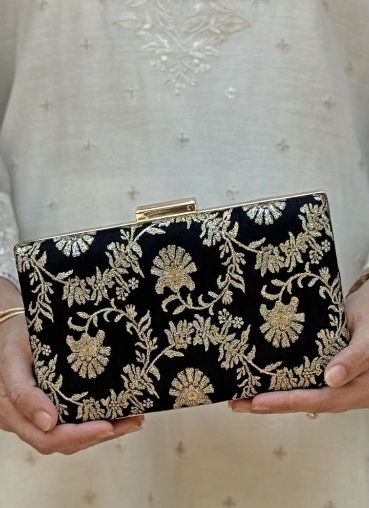 Black Embroidered Silk Sleek Clutch