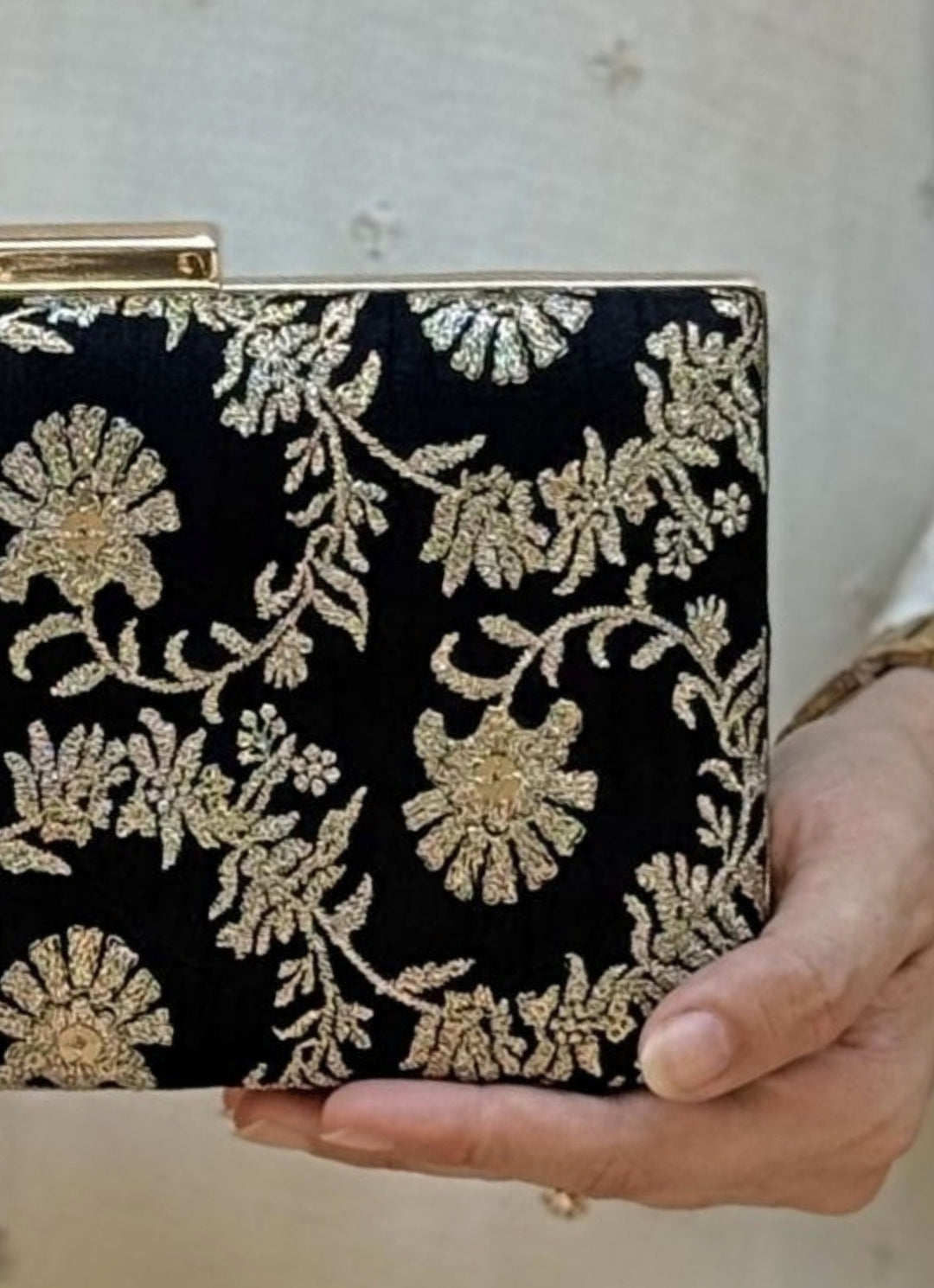 Black Embroidered Silk Sleek Clutch