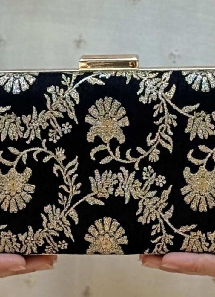 Black Embroidered Silk Sleek Clutch