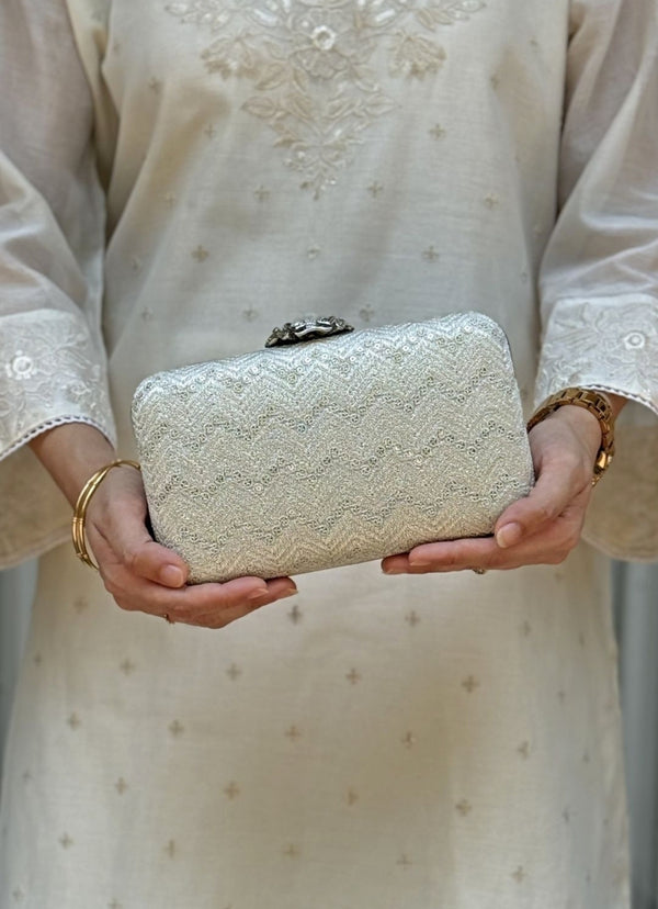 Ivory Embroidered Georgette Box Clutch