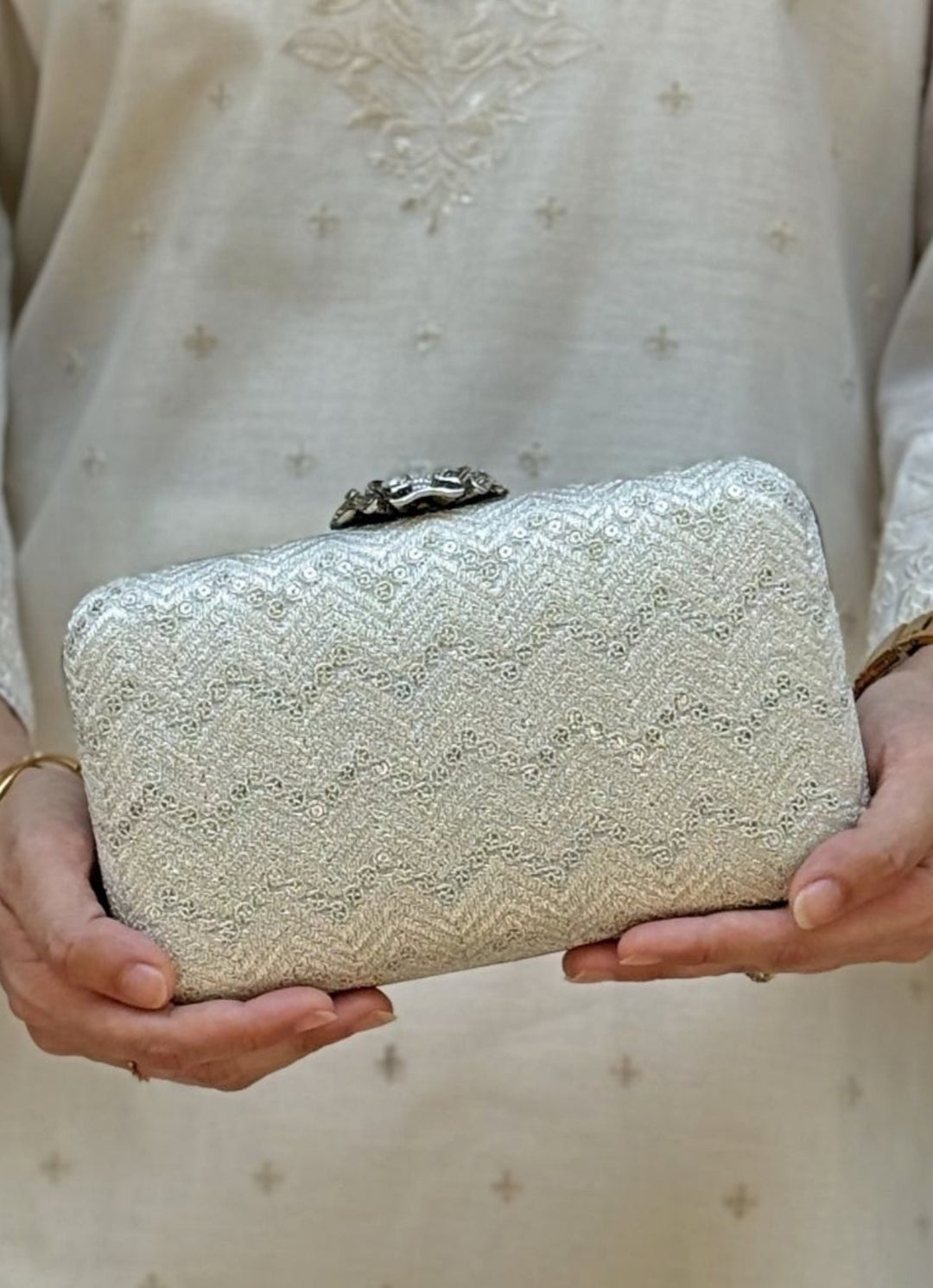 Ivory Embroidered Georgette Box Clutch
