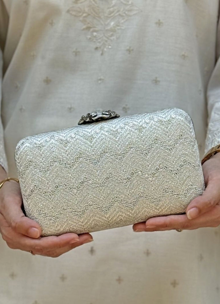 Ivory Embroidered Georgette Box Clutch