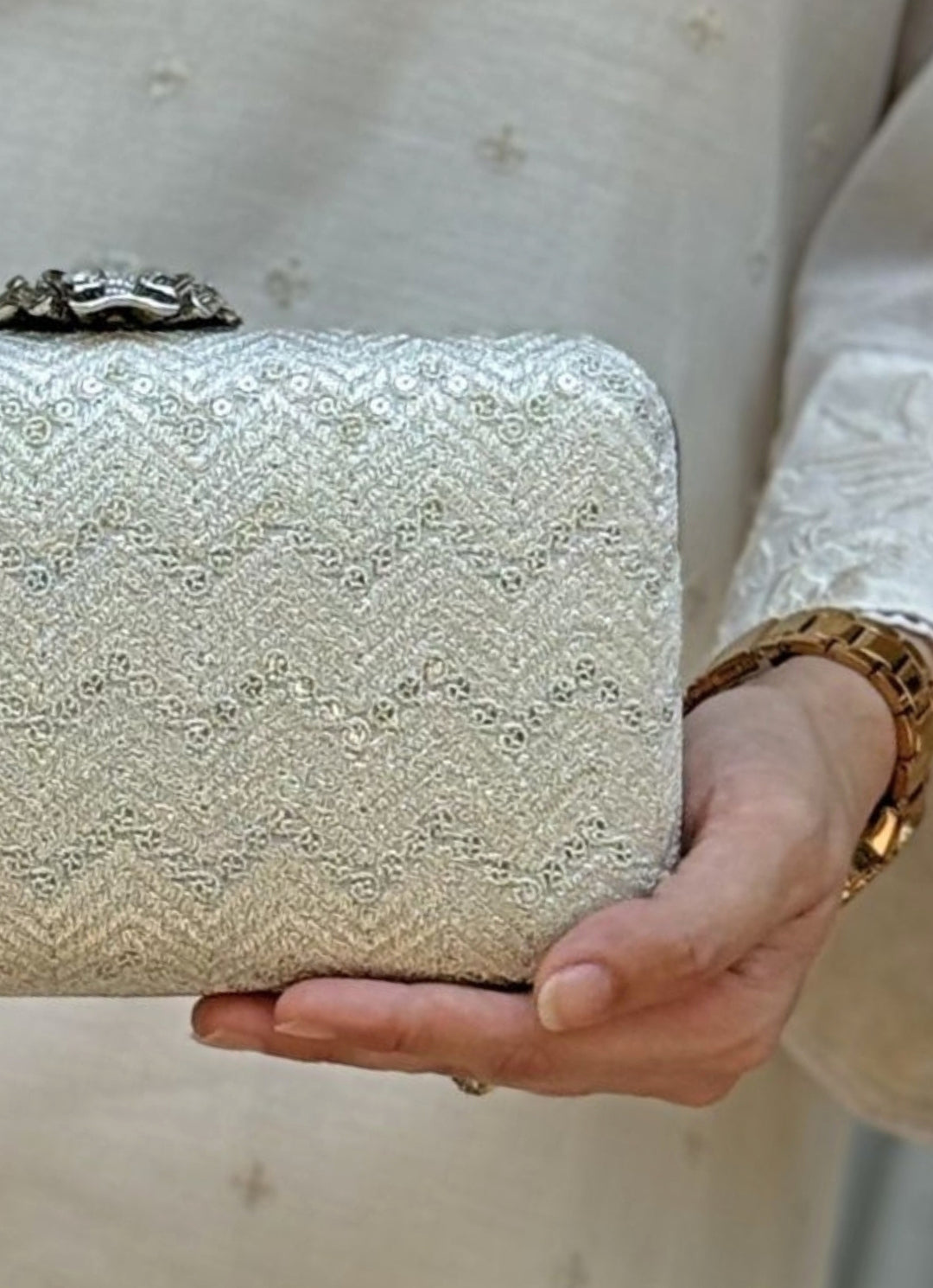 Ivory Embroidered Georgette Box Clutch