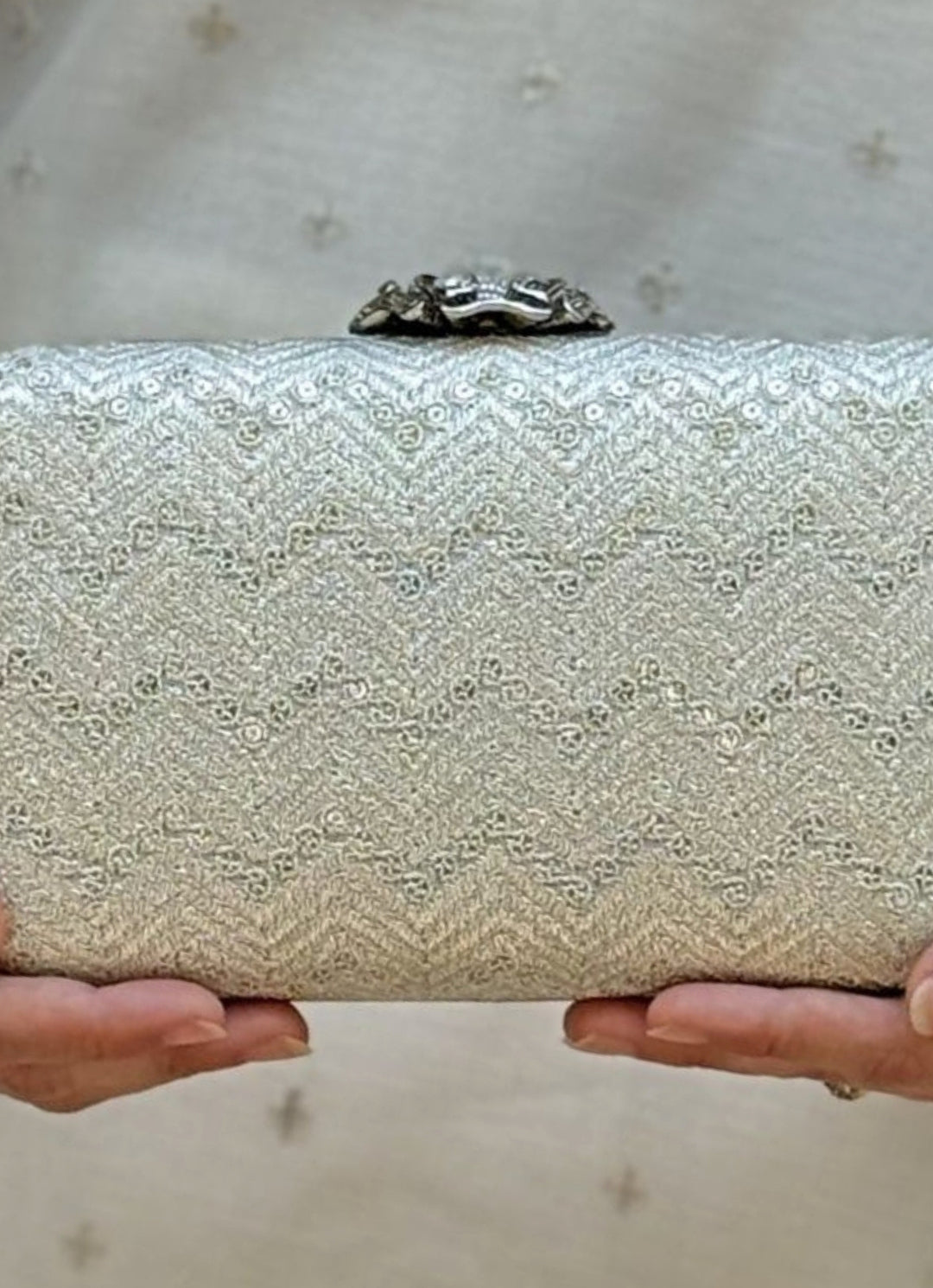 Ivory Embroidered Georgette Box Clutch