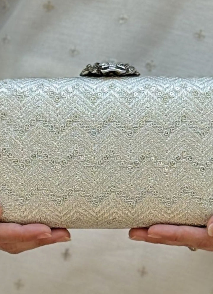 Ivory Embroidered Georgette Box Clutch