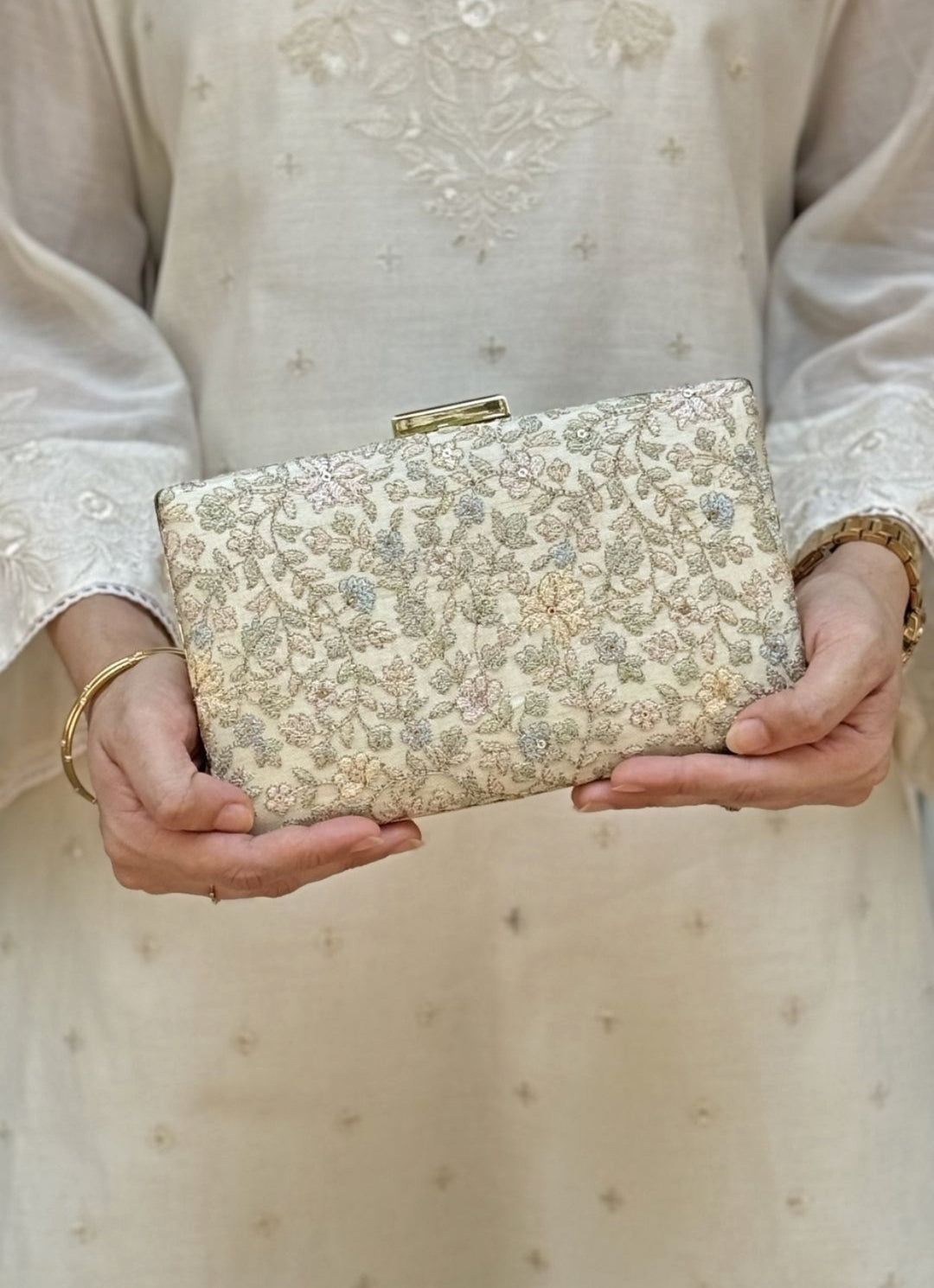 Beige Embroidered Tissue Sleek Clutch