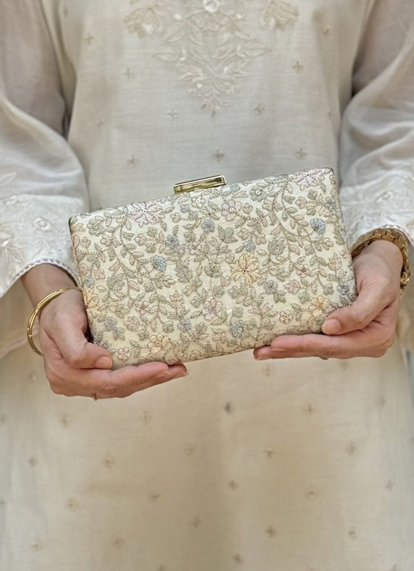 Beige Embroidered Tissue Sleek Clutch