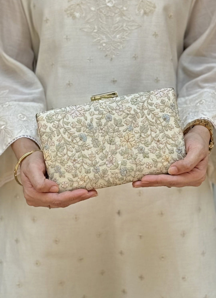 Beige Embroidered Tissue Sleek Clutch
