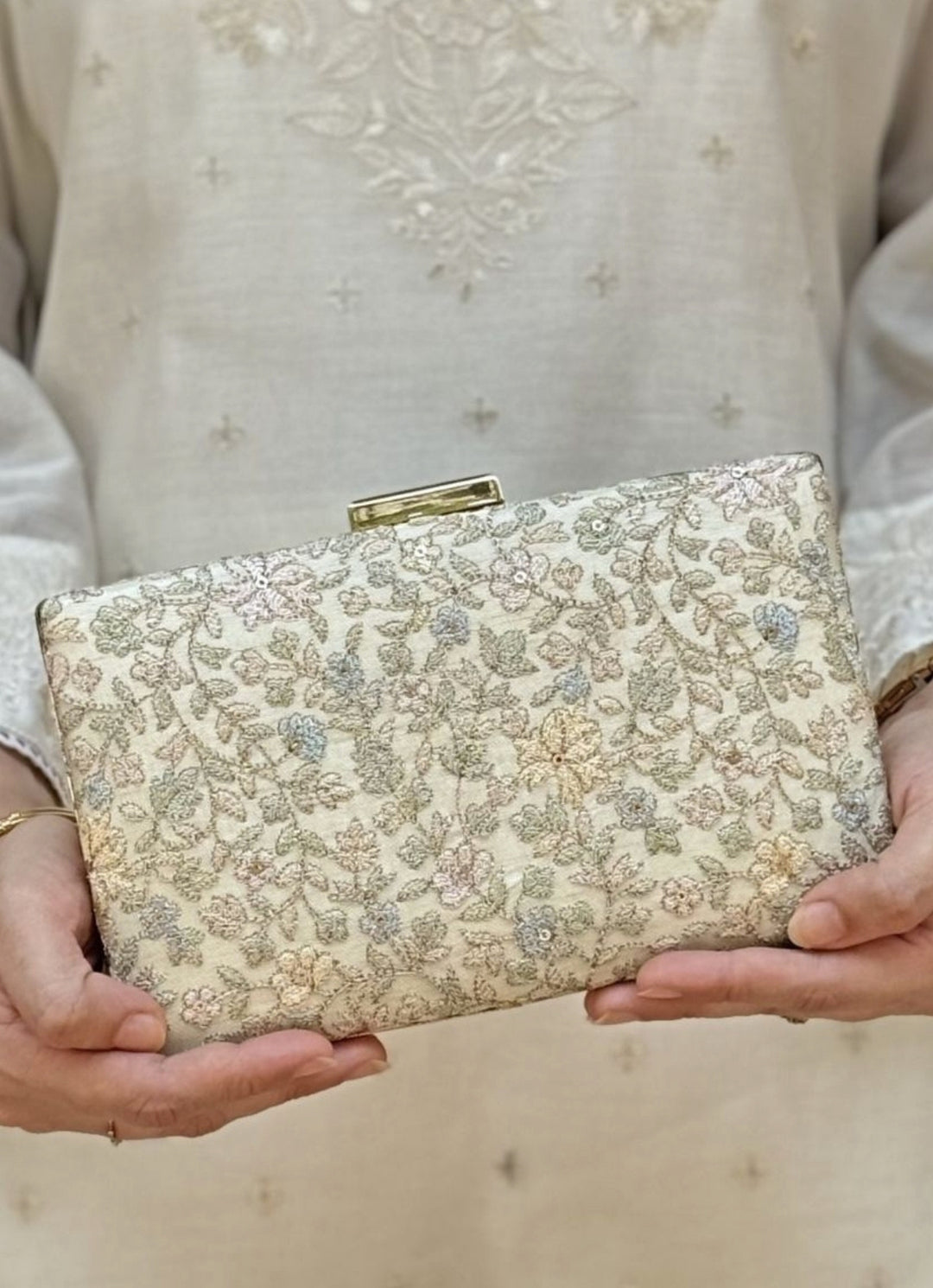Beige Embroidered Tissue Sleek Clutch