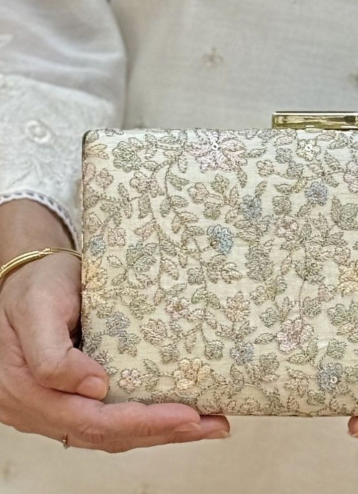 Beige Embroidered Tissue Sleek Clutch
