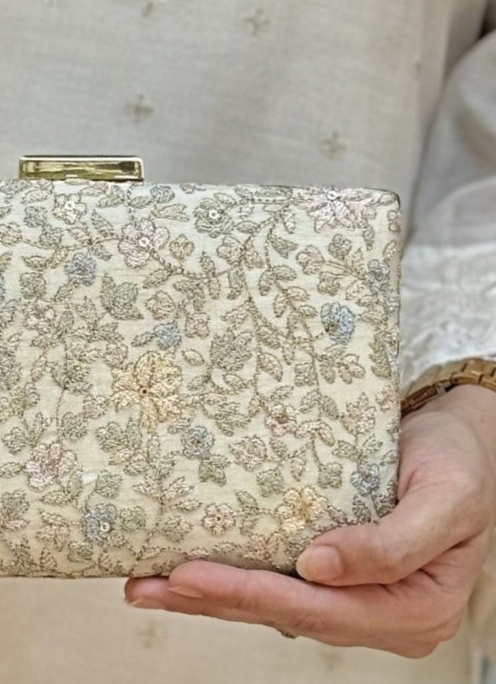 Beige Embroidered Tissue Sleek Clutch