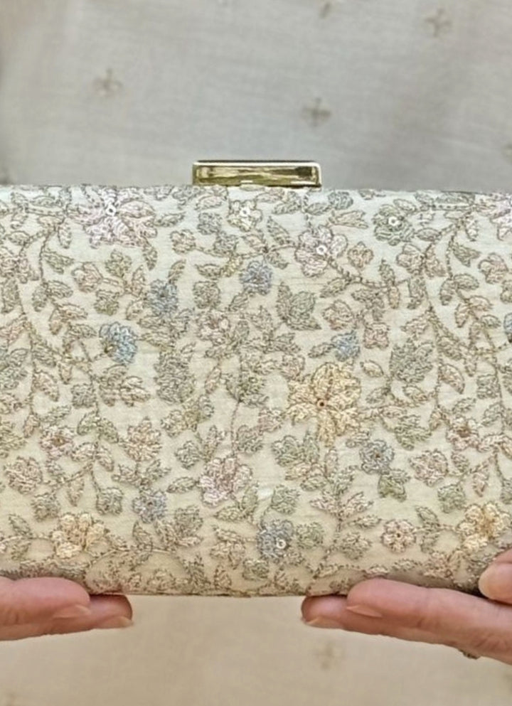 Beige Embroidered Tissue Sleek Clutch