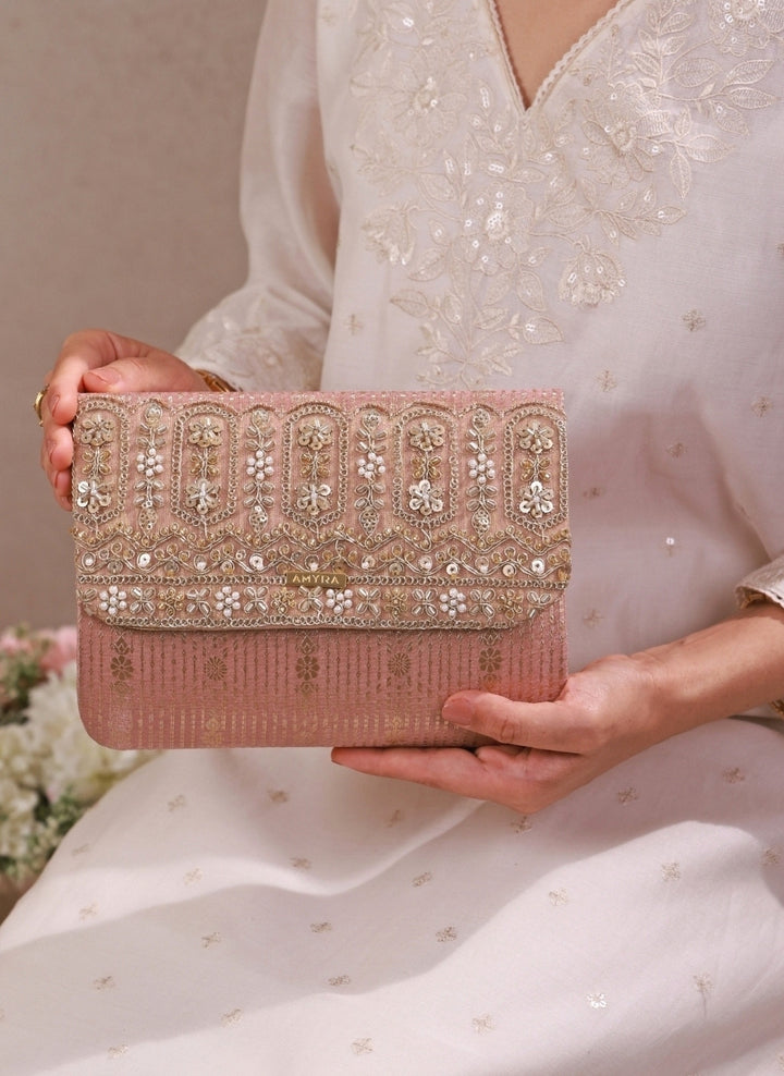 Blush Pink Embroidered Organza Silk Flapover Bag