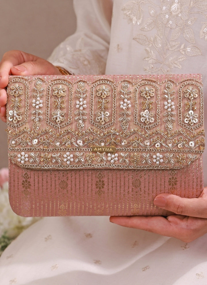 Blush Pink Embroidered Organza Silk Flapover Bag